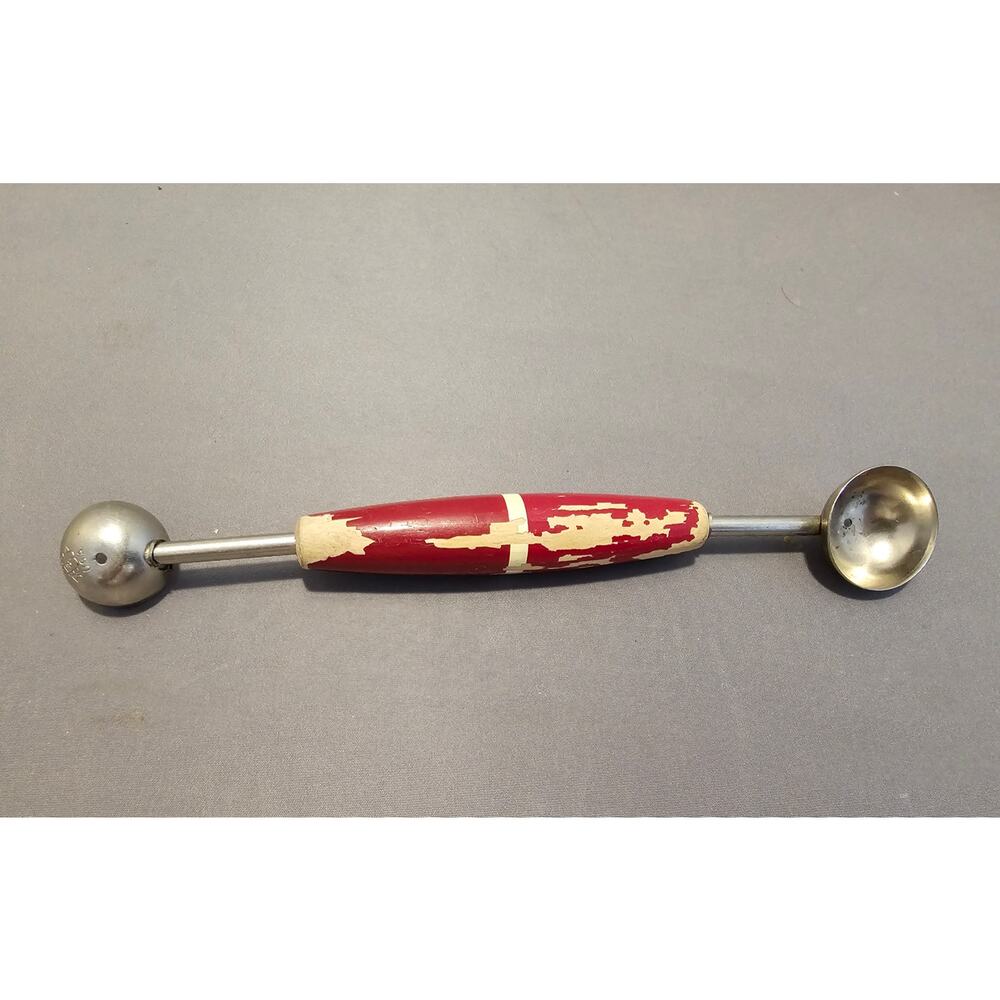 Vintage A&J Ekco Red Wood Handled Double Ended Melon Baller - Made in USA